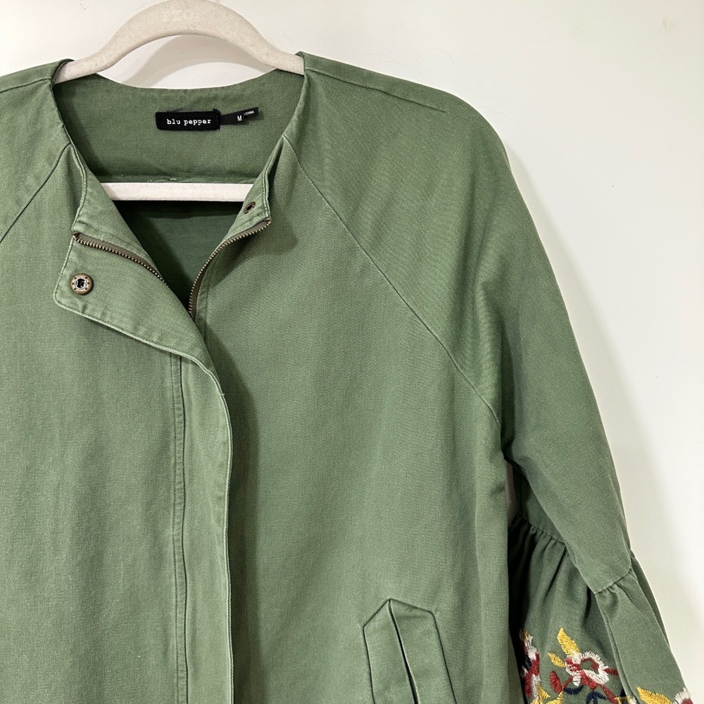 Blu Pepper Jacket Womens M Green Floral Embroidered Ruffle Sleeve Cotton Zip